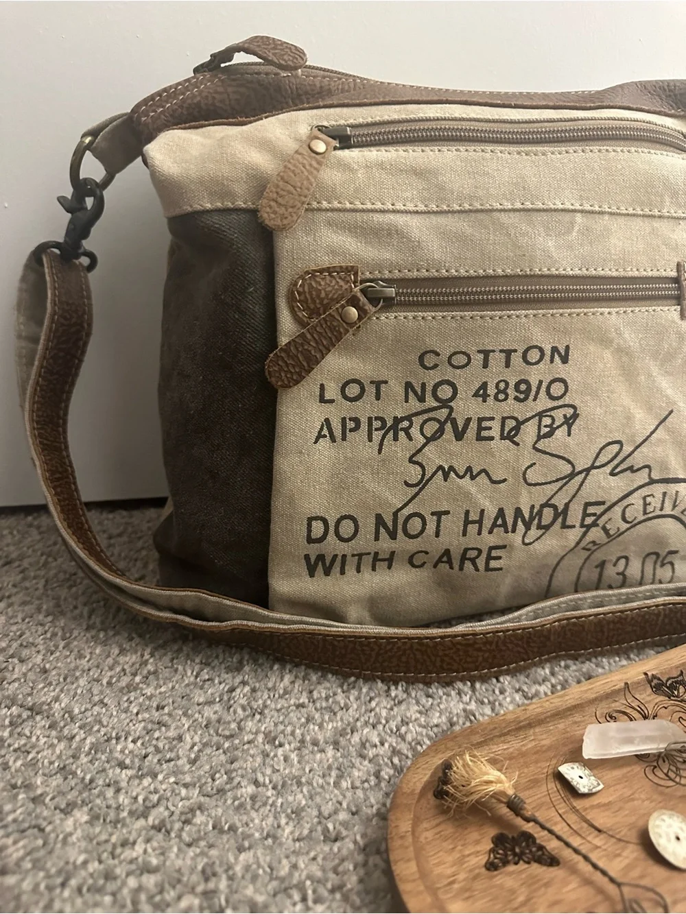 Myra Canvas Crossbody Messenger Bag - Beige & Brown